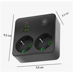 Тройник (с двумя розетками) черный с 2USB+1Type-c с 5-ю отверстиями 1-выключатель 2500 Вт-3600 Вт