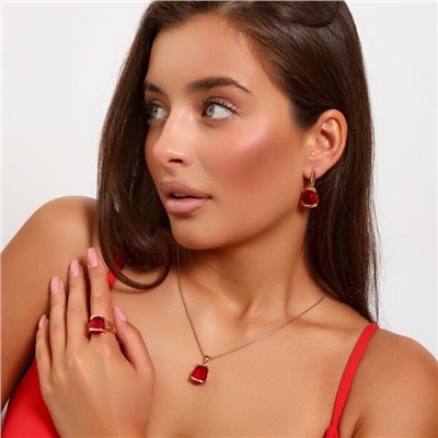 Комплект ювелирная бижутерия коллекция  "Дубай" серьги, кулон и кольцо 18 р, покрытие: позолота, вставка: фианит, цвет: красный, арт.313.060-18