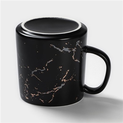 Кружка с ложкой «Чёрный мрамор», 350 мл, керамика, чёрная