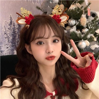 Новогодние заколки "Ушки Оленя с рожками", Набор 2 штуки. С БАНТИКОМ