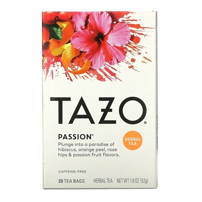 Tazo Teas, Passion, травяной чай, без кофеина, 20 чайных пакетиков, 52 г (1,8 унции)