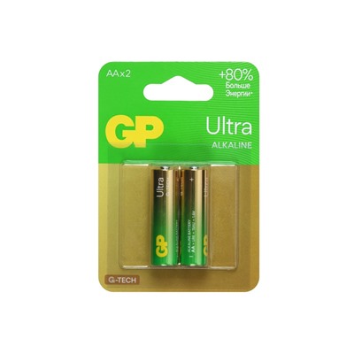 Батарейка алкалиновая GP Ultra, AA, LR6-2BL, 1.5 В, блистер, 2 шт.