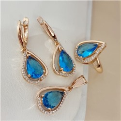 Комплект ювелирной бижутерии коллекция "Дубай" серьги, кулон и кольцо 17 р покрытие позолота, вставка: стекло и цирконы, цвет: голубой и прозрачный, арт.215.551-17