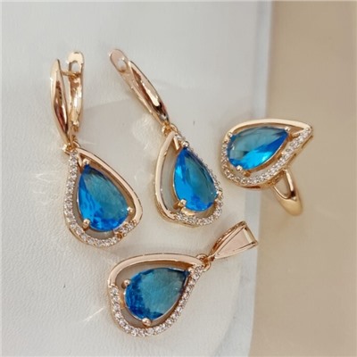 Комплект ювелирной бижутерии коллекция "Дубай" серьги, кулон и кольцо 18 р покрытие позолота, вставка: стекло и цирконы, цвет: голубой и прозрачный, арт.215.551-18