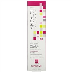 Andalou Naturals, 1000 роз, CC Color + Correct, для чувствительной кожи, SPF 30, чистый бежевый, 58 мл (2 жидк. унции)