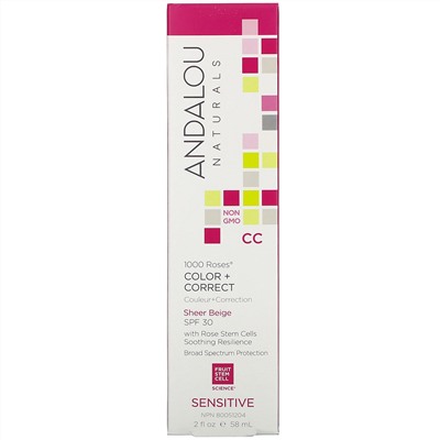 Andalou Naturals, 1000 роз, CC Color + Correct, для чувствительной кожи, SPF 30, чистый бежевый, 58 мл (2 жидк. унции)