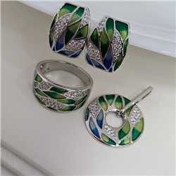 Комплект ювелирной бижутерии серьги, кулон и кольцо 17 р, покрытие посеребрение, вставка: эмаль и фианиты, цвет: зеленый, синий и прозрачный, арт.313.271-17