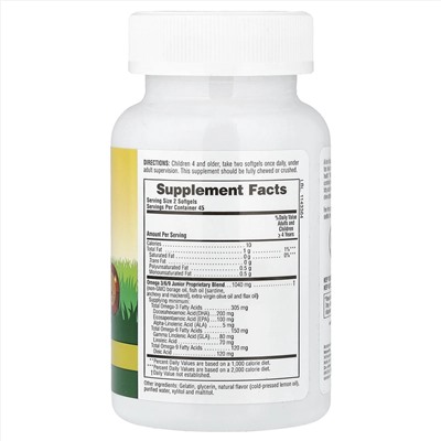 Nature's Plus, Source of Life, Animal Parade, омега 3/6/9 юниор, со вкусом натурального лимона, 90 капсул