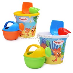 Песочный набор "Три кота" №14: Ведро с наклейкой, лопатка №5, грабельки №5, лейка малая №4