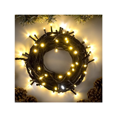 Гирлянда «Нить» 10 м, IP44, УМС, тёмная нить, 100 LED, свечение тёплое белое, мерцание белым, 220 В