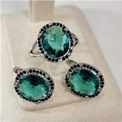 Комплект ювелирной бижутерии коллекция "Дубай" серьги и кольцо 17 р покрытие посеребрение, вставка: стекло и цирконы, цвет: морская волна и черный, арт.215.605-17