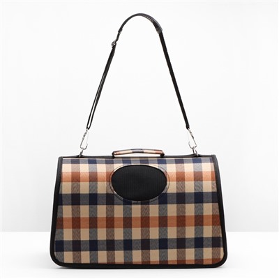 Сумка - переноска, размер M, 43×21×26 см, каркасная, со шторкой, клетчатая