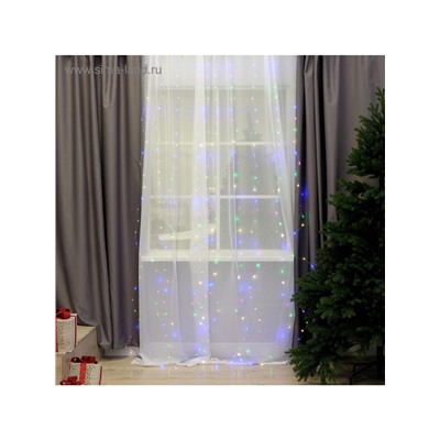 Гирлянда «Занавес» 2.8×3 м роса на крючках, с пультом, IP20, серебристая нить, 300 LED, свечение мульти, 8 режимов, USB