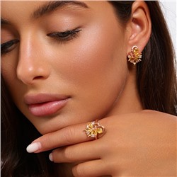 Комплект ювелирной бижутерии коллекция "Дубай" серьги и кольцо 17 р, покрытие позолота, вставка: фианиты, цвет: желтый и прозрачный, арт.215.479-17