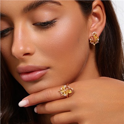 Комплект ювелирной бижутерии коллекция "Дубай" серьги и кольцо 18 р, покрытие позолота, вставка: фианиты, цвет: желтый и прозрачный, арт.215.479-18