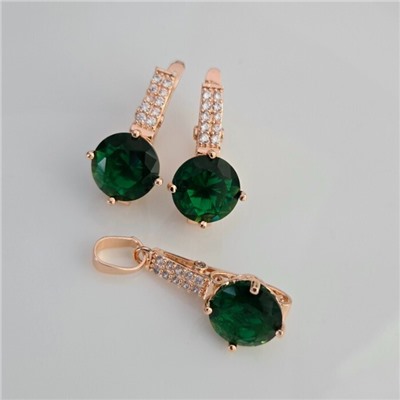 Комплект ювелирной бижутерии коллекция "Дубай" серьги и кулон, покрытие позолота, вставка: фианиты и цирконы, цвет: изумрудный и прозрачный, арт.414.007