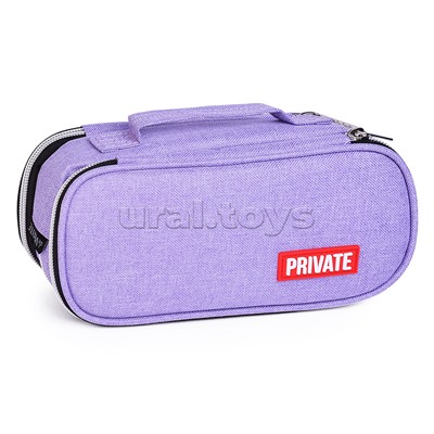 Пенал "Private" 22x9x8 см, овальный для 100 предметов, 3 отделения на молнии, 2 отделения с внутренним органайзером, текстильный, с ручкой, с каучуковой аппликацией, сиреневый