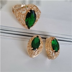 Комплект ювелирной бижутерии коллекция "Дубай" серьги и кольцо, покрытие: позолота, вставка: камень, цвет: зеленый, р-р 18,5, 7602, арт.216.359-18,5