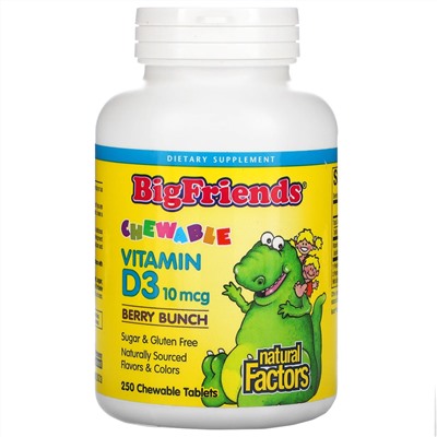 Natural Factors, Big Friends, жевательный витамин D3, ягодный вкус, 10 мкг, 250 жевательных таблеток
