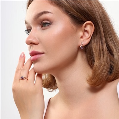 Комплект ювелирной бижутерии коллекция "Дубай" серьги и кольцо 17 р, покрытие позолота, вставка: фианиты, цвет: фиолетовый и прозрачный, арт.215.404-17