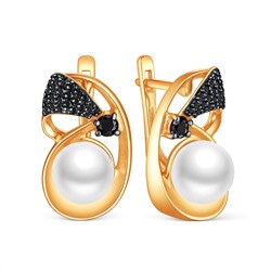 Серьги из золочёного серебра с культивированным жемчугом, чёрной шпинелью и родированием 05-702-0053