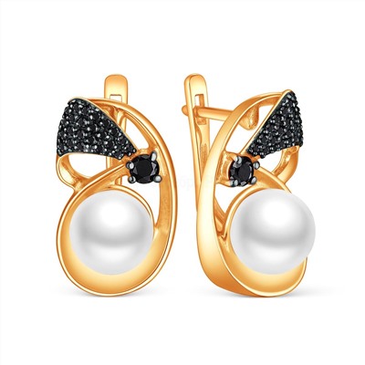 Серьги из золочёного серебра с культивированным жемчугом, чёрной шпинелью и родированием 05-702-0053
