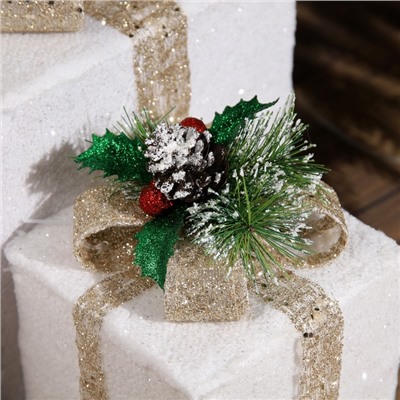 Светодиодная фигура «Подарки с бежевой лентой» 15, 20, 25 см, текстиль, металл, 220 В, свечение тёплое белое