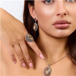 Комплект ювелирной бижутерии коллекция "Дубай" серьги, кулон и кольцо 17 р, покрытие посеребрение, вставка: стекло и марказиты, цвет: шампань и графитовый, арт.414.164-17