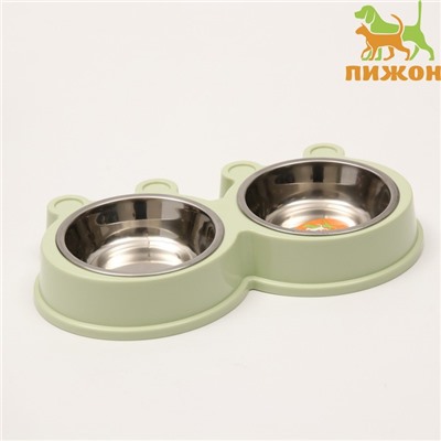 Миска металлическая двойная на пластиковой основе 2×160 мл, 28×15.5×4 см, зелёная