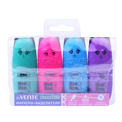 Набор маркеров-выделителей "NicoNico" (04 цв - цвета: бирюза, роз, голуб., фиол) плоский мини-корпус с запечаткой, скошенный наконечник, ширина линии 1-5 мм, в пластиковом блистере