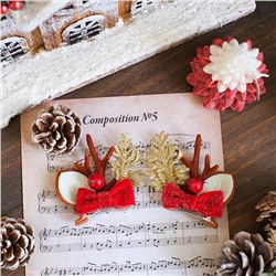 Новогодние заколки "Ушки Оленя с рожками", Набор 2 штуки. С БАНТИКОМ