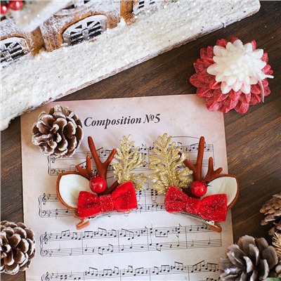 Новогодние заколки "Ушки Оленя с рожками", Набор 2 штуки. С БАНТИКОМ