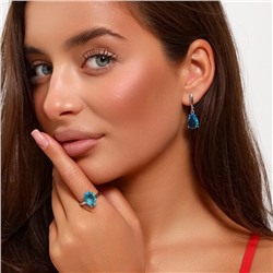 Комплект ювелирная бижутерия серьги и кольцо 17 р, покрытие: посеребрение, вставка: фианит, цвет: голубой, арт.313.082-17