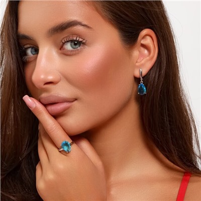 Комплект ювелирная бижутерия серьги и кольцо 20 р, покрытие: посеребрение, вставка: фианит, цвет: голубой, арт.313.082-20