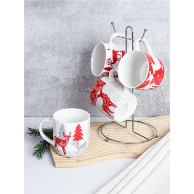 Кружка 4 штуки на металлстенде 380 мл / H012 /кружка новогодняя/ в гофрокоробе