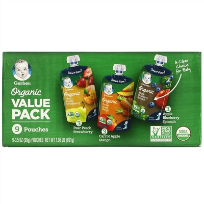 Gerber, Organic, экономичная упаковка, «Груша, персик и клубника», «Морковь, яблоко и манго», «Яблоко, черника и шпинат», 9 пакетиков, 99 г (3,5 унции) в каждом