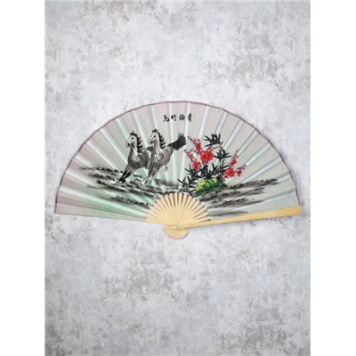 Веер 63 см бамбуковая основа Серо-зеленый с Лошадьми  / 622-12 /уп 75/742905