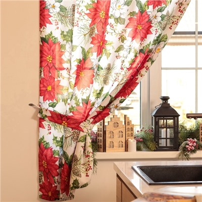 Комплект штор для кухни с подхватами «Доляна. Рождественские цветы», 2 шт., белые, 145×180 см