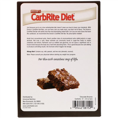 Universal Nutrition, Батончики Doctor's CarbRite Diet, шоколадный брауни, 12 батончиков по 56,7 г (2 унции)