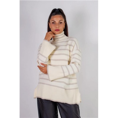 Теплая туника в полоску высокий ворот арт. 2918 (Молочный_светло серая полоса)