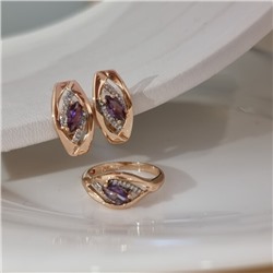 Комплект ювелирной бижутерии коллекция "Дубай" серьги и кольцо 17 р, покрытие позолота, вставка: фианиты и цирконы, цвет: фиолетовый и прозрачный, арт.215.678-17