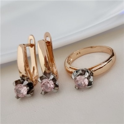 Комплект ювелирной бижутерии коллекция "Дубай" серьги и кольцо 19 р, покрытие позолота, вставка: фианиты, цвет: розовый, арт.313.201-19