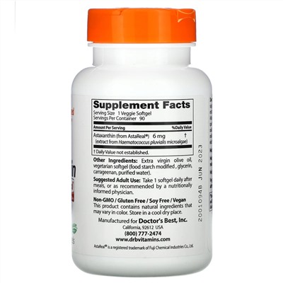Doctor's Best, астаксантин с AstaReal, 6 мг, 90 растительных капсул