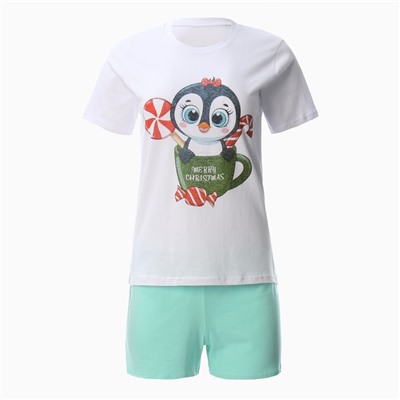 Пижама новогодняя женская (футболка, шорты) Tusi, белая, зелёная, размер 50