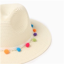 Шляпа женская с бомбошками, размер 54-56, белая, целлюлоза 100%