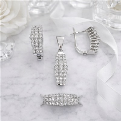 Комплект ювелирной бижутерии коллекция "Дубай", серьги, кулон и кольцо 18 р, покрытие посеребрение, вставка: фианиты, цвет: прозрачный, арт.007.339-18