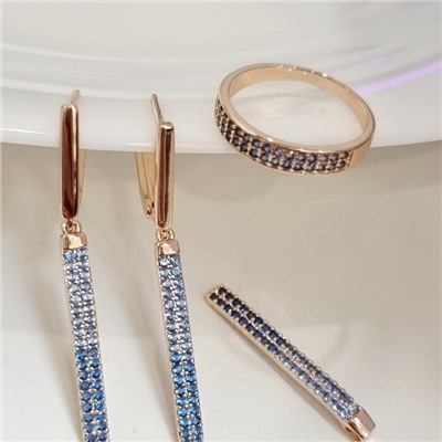 Комплект ювелирная бижутерия коллекция  "Дубай" серьги, кулон и кольцо 19 р, покрытие: позолота, вставка: фианиты, цвет: синий, арт.215.412-19