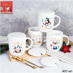 Кружка новогодняя с крышкой, ложка / HB-A2096 /уп 60/