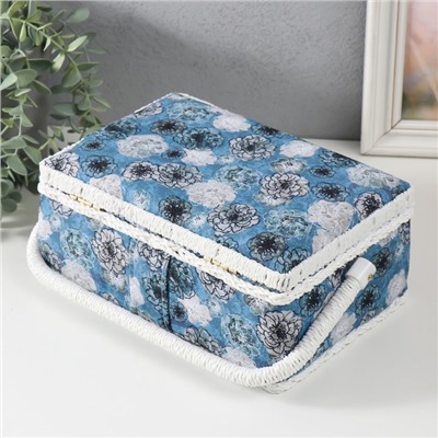 Шкатулка для рукоделия и шитья «Чёрно-белые цветы на голубом», хранение ниток, иголок, мелочи, 24×16×11 см