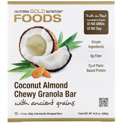 California Gold Nutrition, Foods, жевательные батончики с кокосом и миндалем, 12 батончиков весом 1,4 унции (40 г) каждый